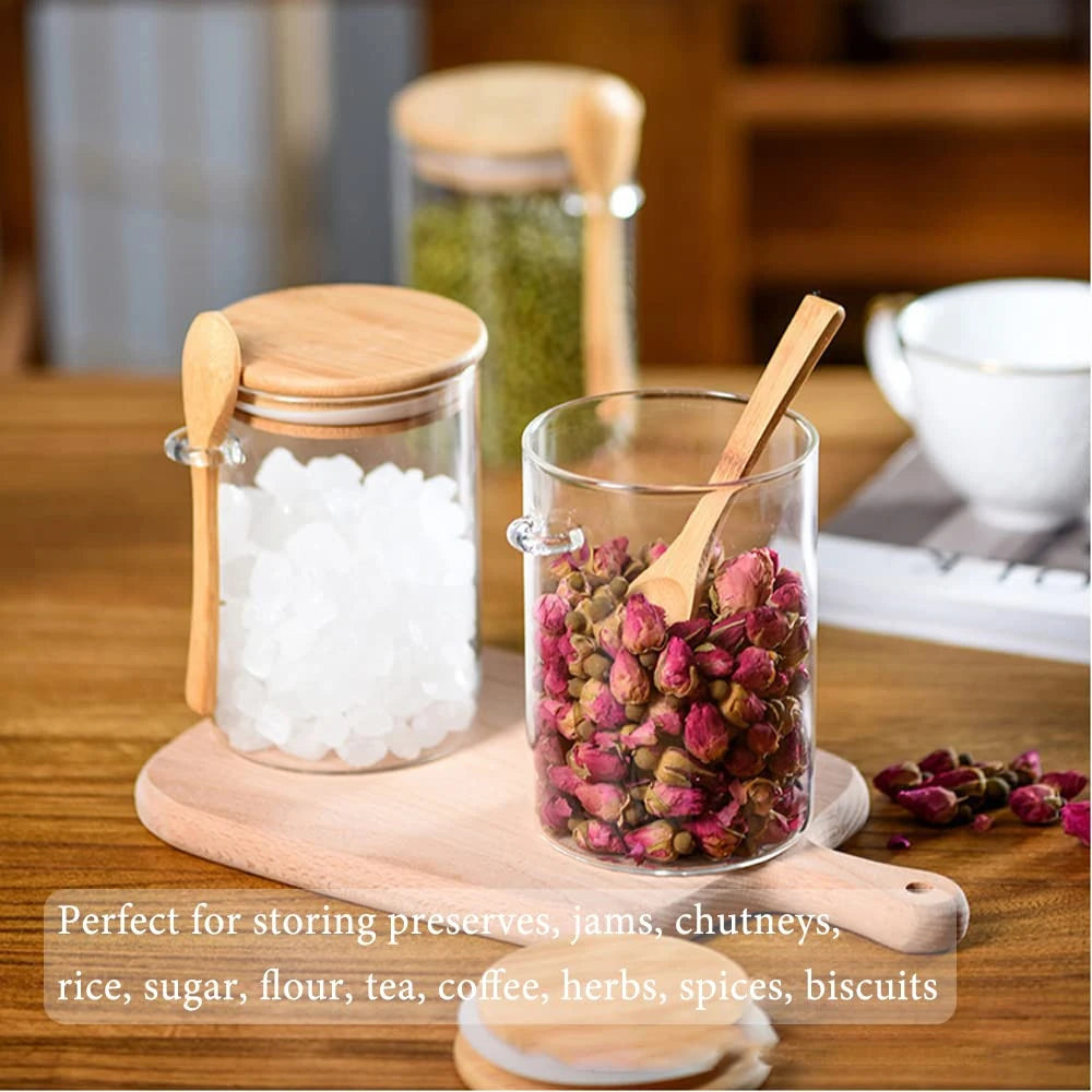 1/2/3/4pcs Airtight Glass Jars with Bamboo Lids and Spoons
