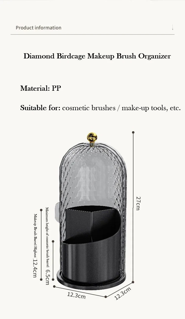 Diamond Birdcage Makeup Brush Holder with Lid 360 Rotating