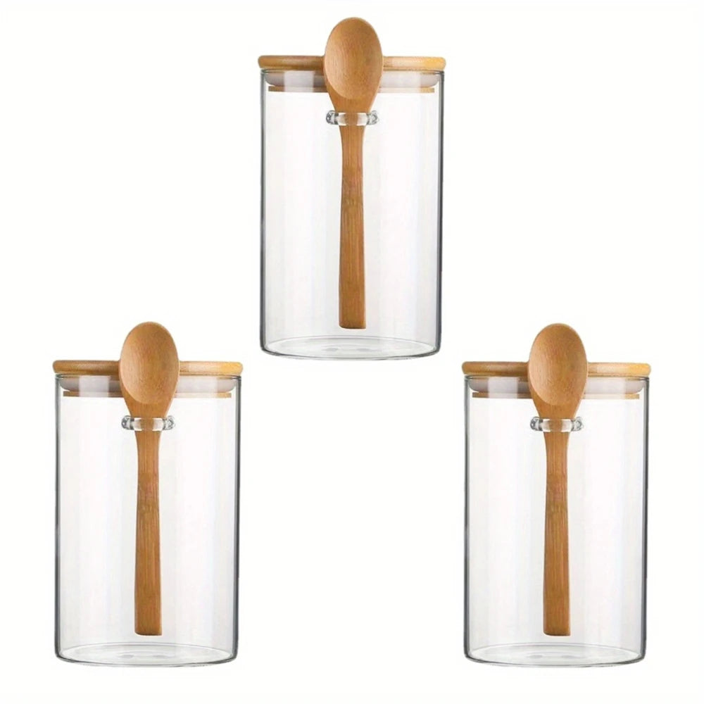 1/2/3/4pcs Airtight Glass Jars with Bamboo Lids and Spoons