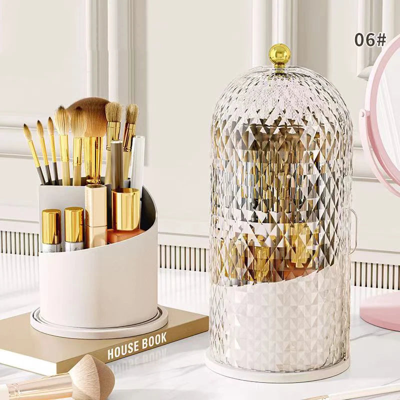 Diamond Birdcage Makeup Brush Holder with Lid 360 Rotating