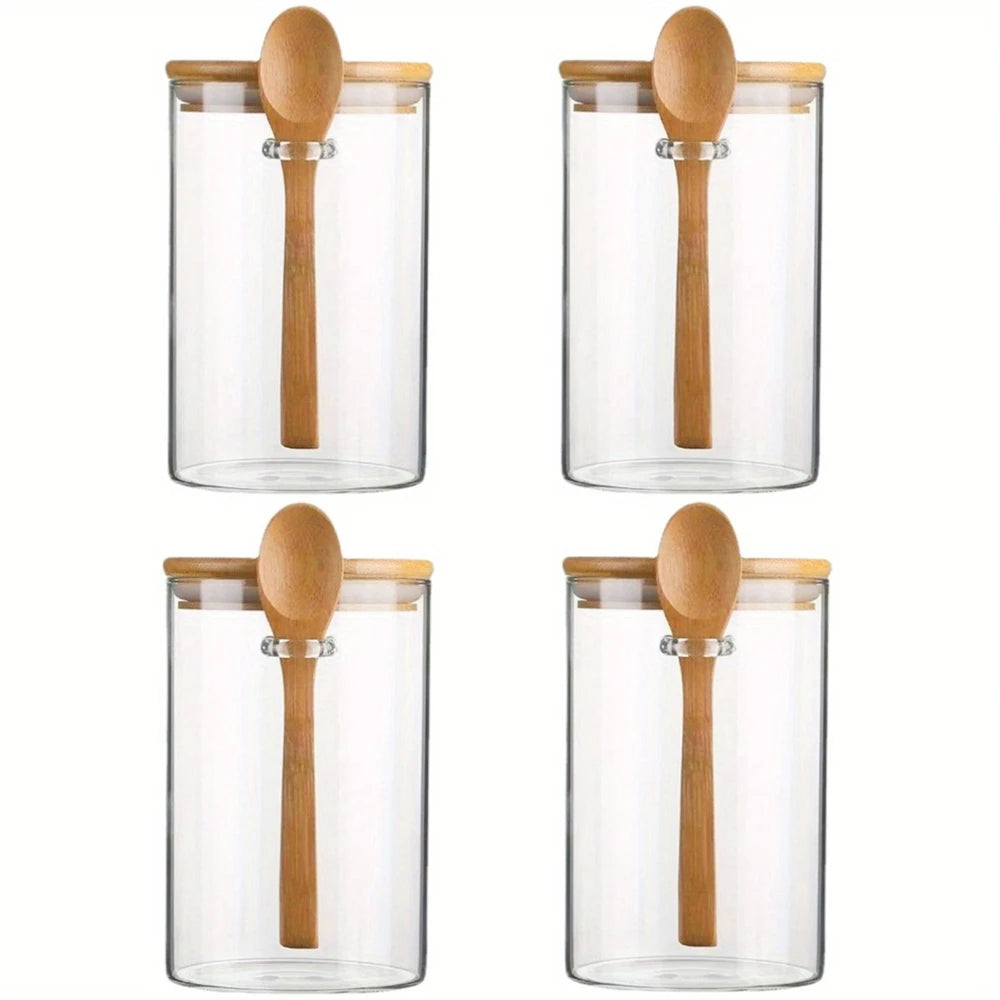 1/2/3/4pcs Airtight Glass Jars with Bamboo Lids and Spoons