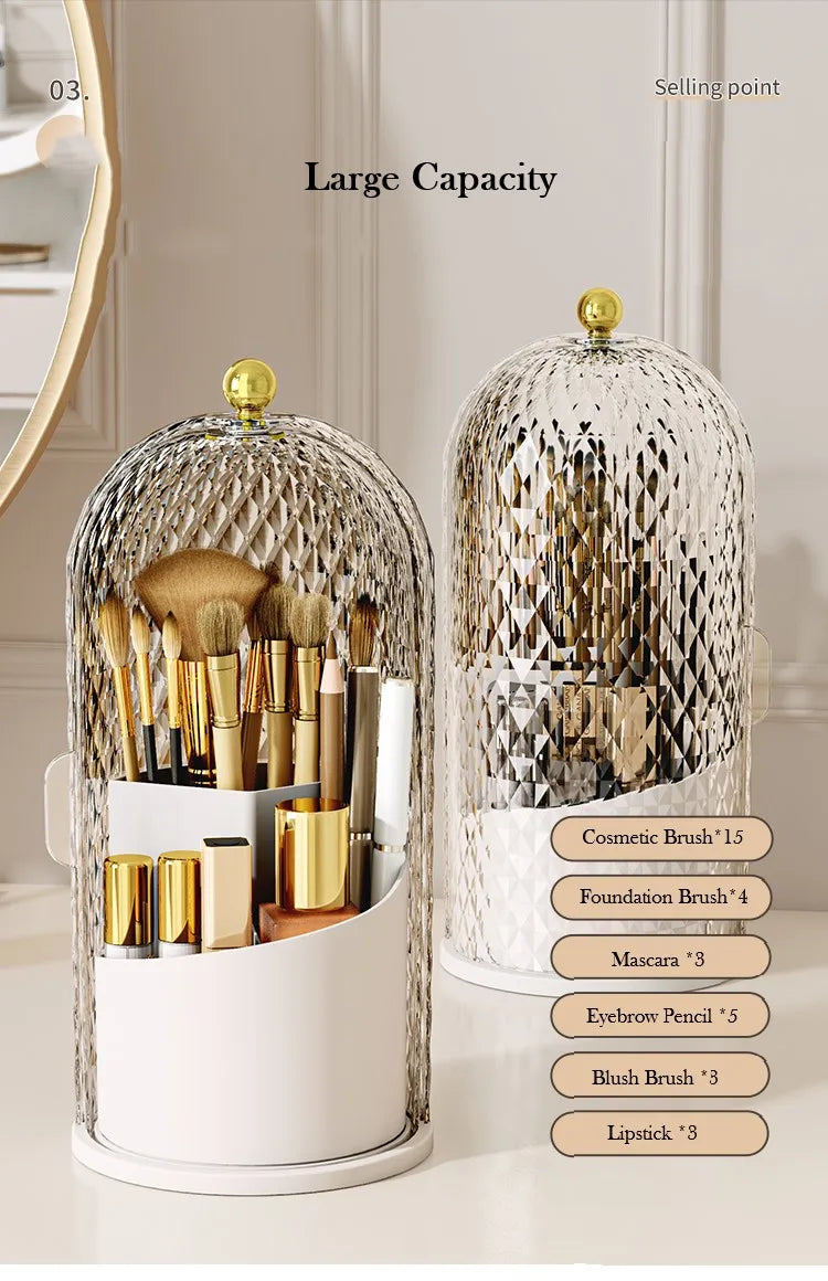 Diamond Birdcage Makeup Brush Holder with Lid 360 Rotating