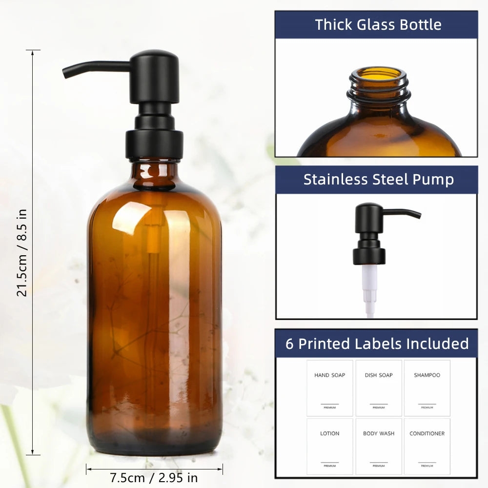 Amber Glass Soap Dispenser with Pump, 2pc 16Oz 500ml