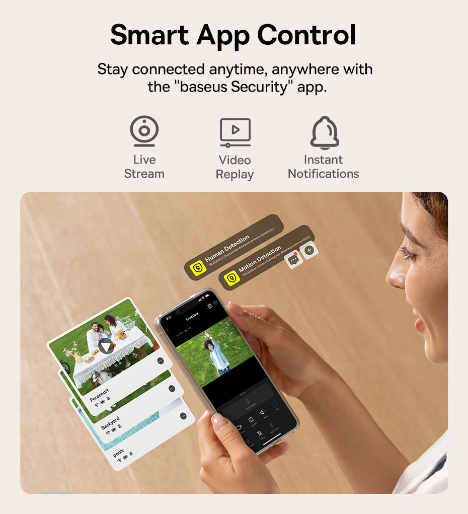 Baseus Security S2 Outdoor Camera 4K Clarity Solar Wireless Wifi Camera Smart Face ID IP67 Waterproof 145°FOV Smart App Control