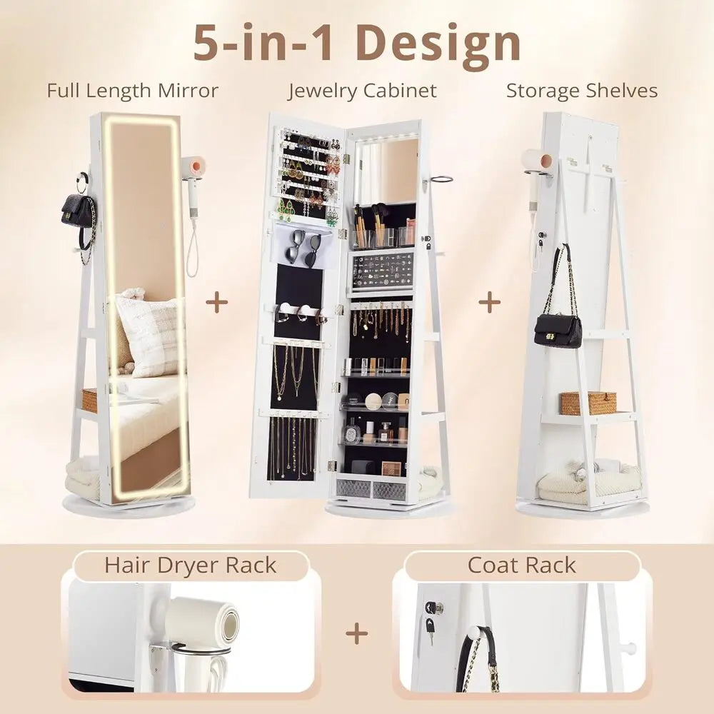 IRONCK LED Mirror Jewelry Cabinet Standing,360° Swivel Lockable Jewelry Armoire