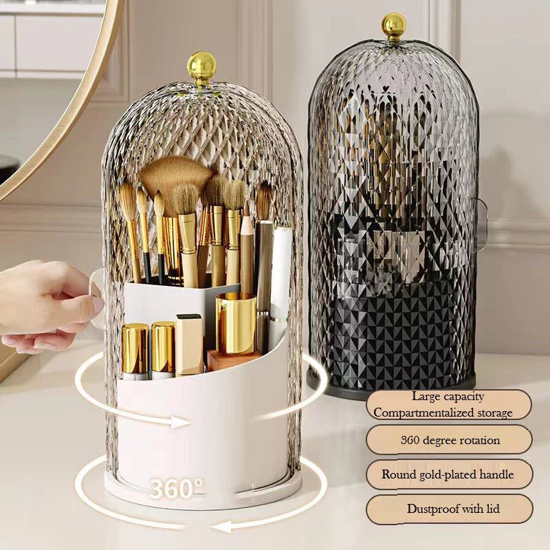 Diamond Birdcage Makeup Brush Holder with Lid 360 Rotating
