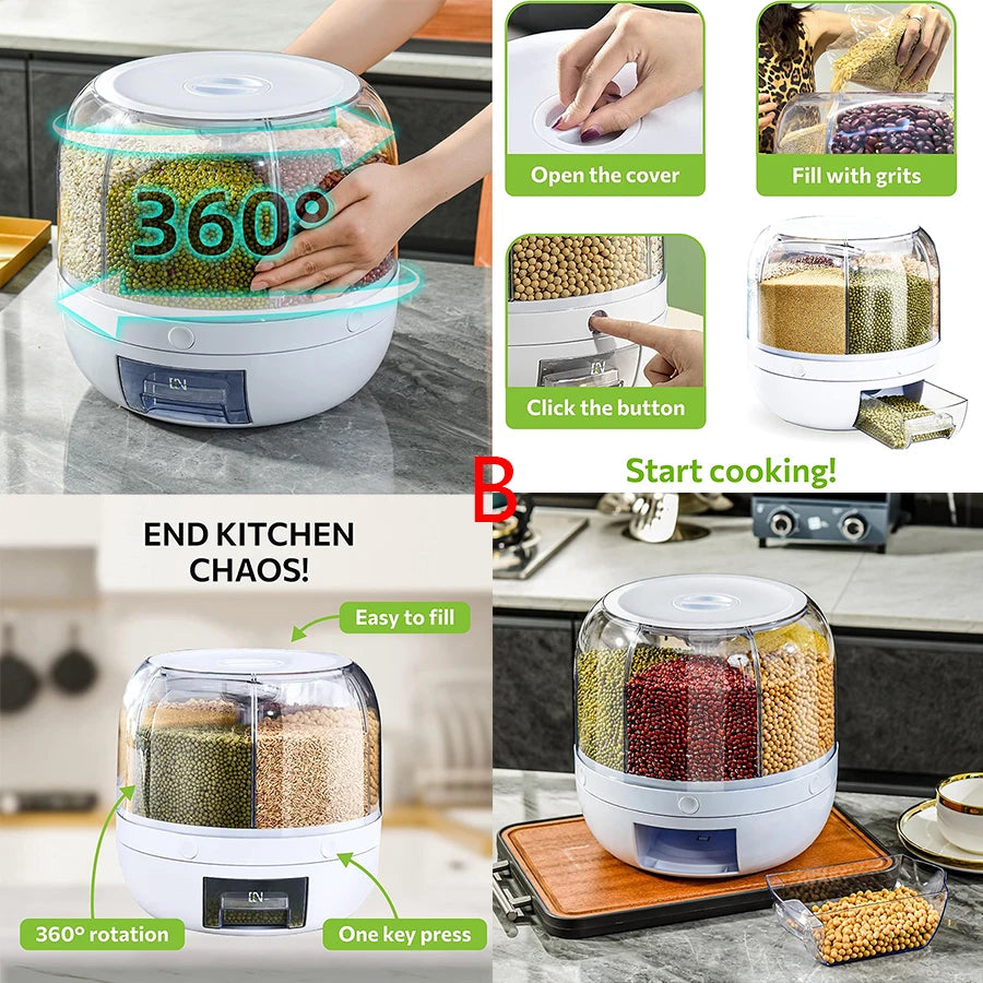 360° Rotating 6-Grid Food Dispenser - Airtight Kitchen Storage Container