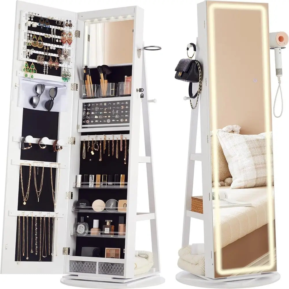 IRONCK LED Mirror Jewelry Cabinet Standing,360° Swivel Lockable Jewelry Armoire