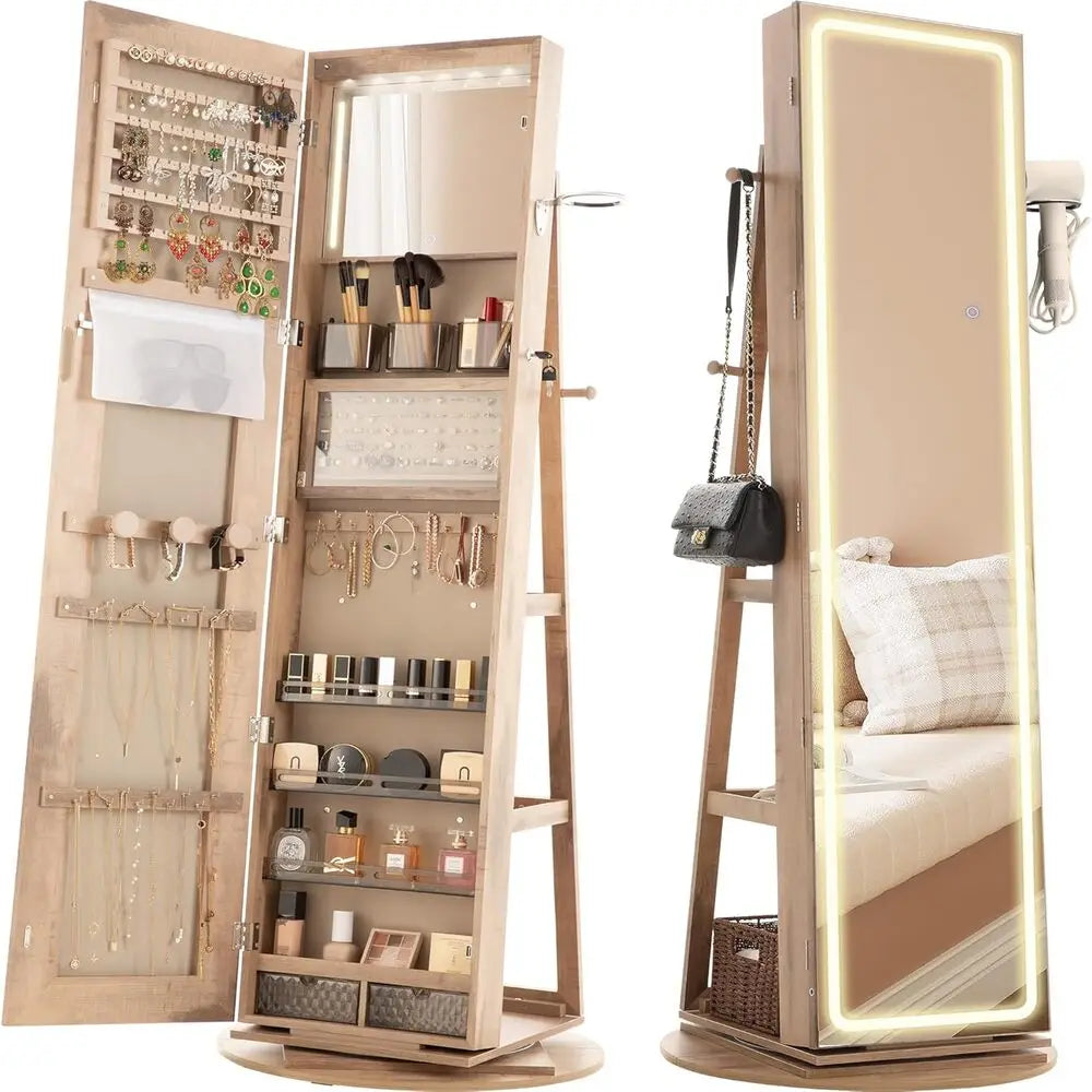 IRONCK LED Mirror Jewelry Cabinet Standing,360° Swivel Lockable Jewelry Armoire