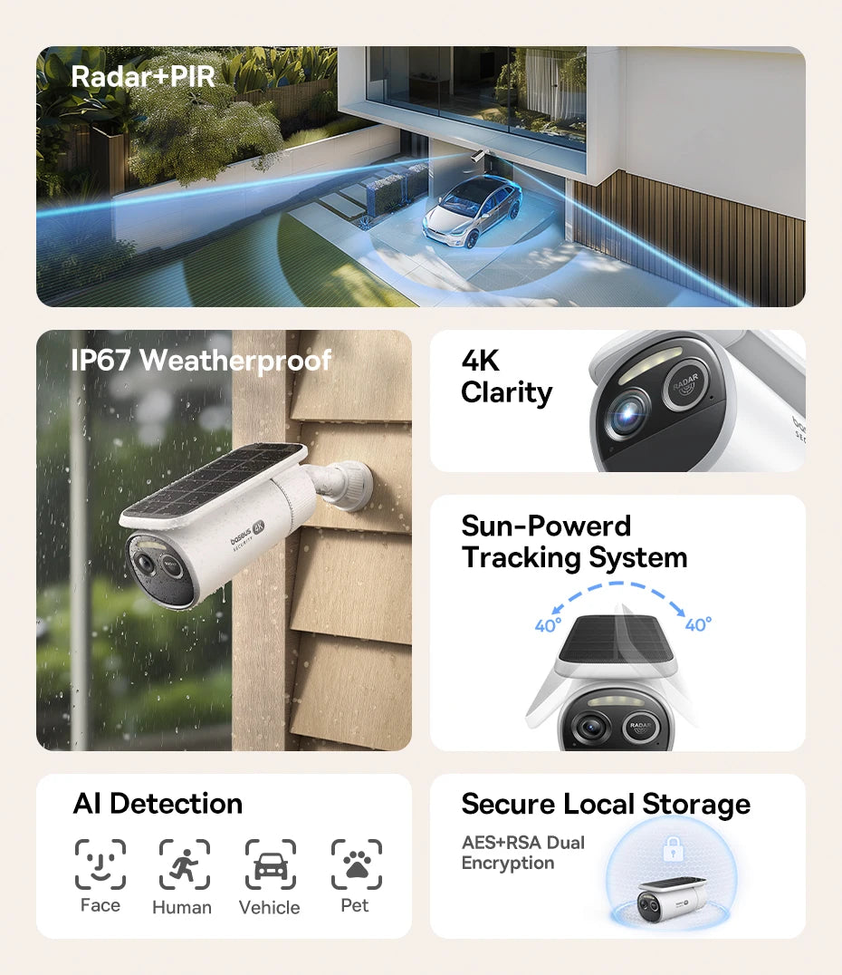 Baseus Security S2 Outdoor Camera 4K Clarity Solar Wireless Wifi Camera Smart Face ID IP67 Waterproof 145°FOV Smart App Control
