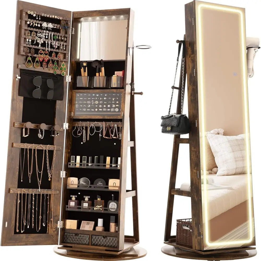 IRONCK LED Mirror Jewelry Cabinet Standing,360° Swivel Lockable Jewelry Armoire