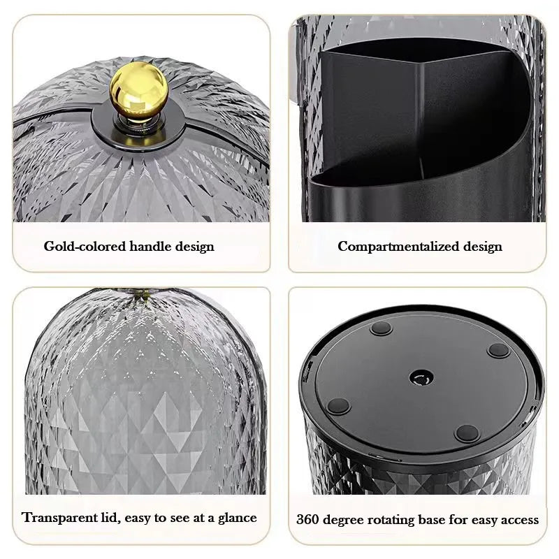 Diamond Birdcage Makeup Brush Holder with Lid 360 Rotating